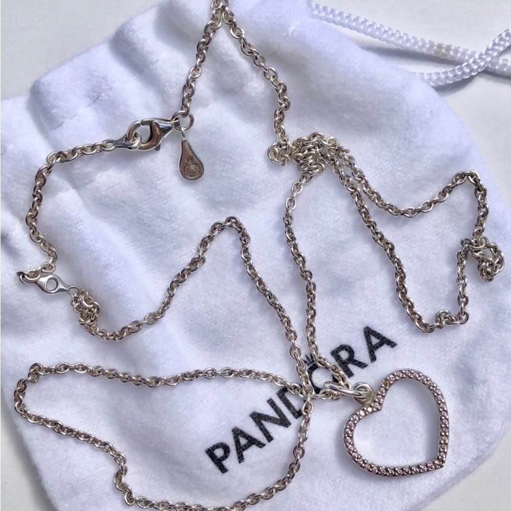 🌹🍃New Authentic Pandora Pink Pave’ Heart Sterling Silver Pendant Chain Necklace